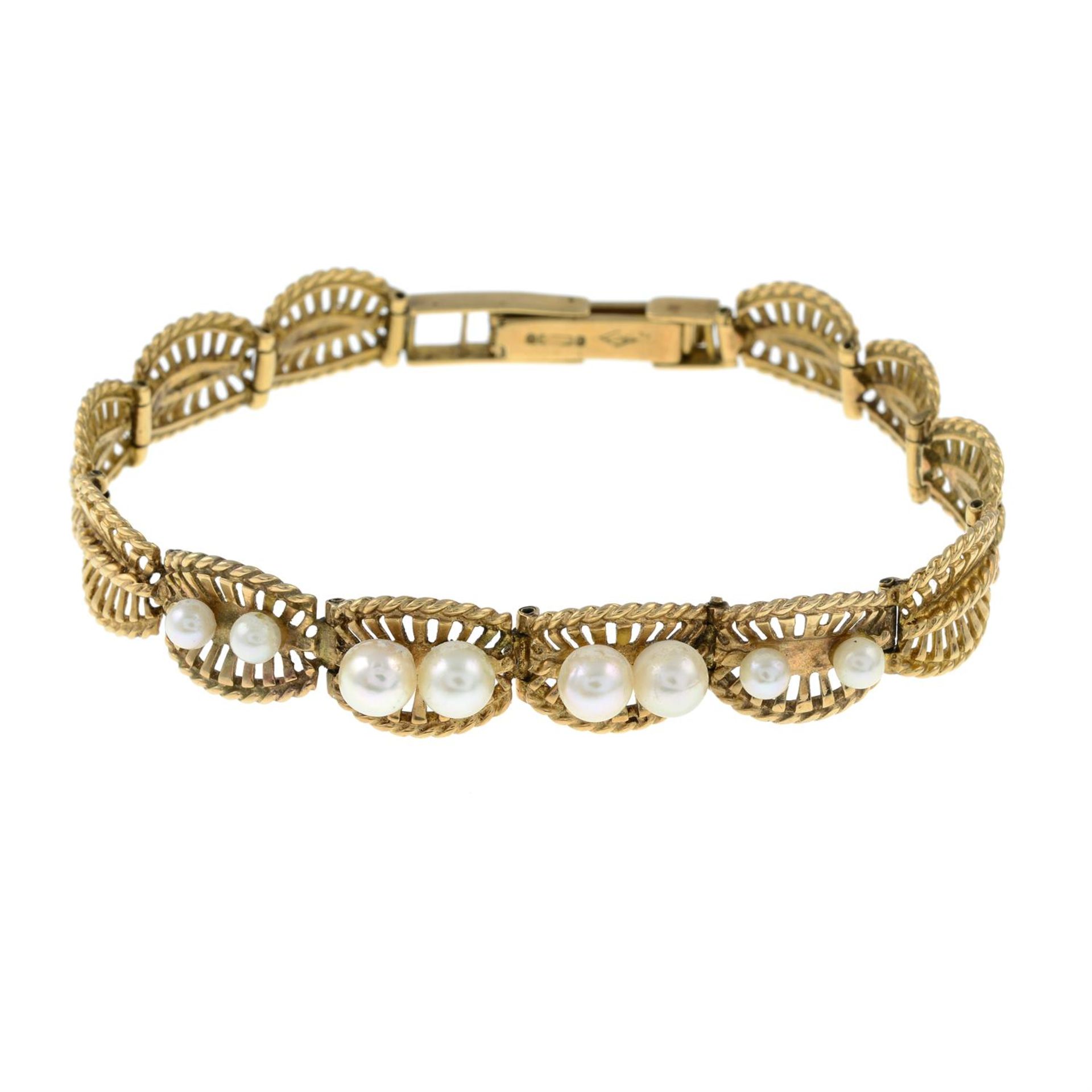 A 9ct gold openwork bracelet, with cultured pearl highlights.