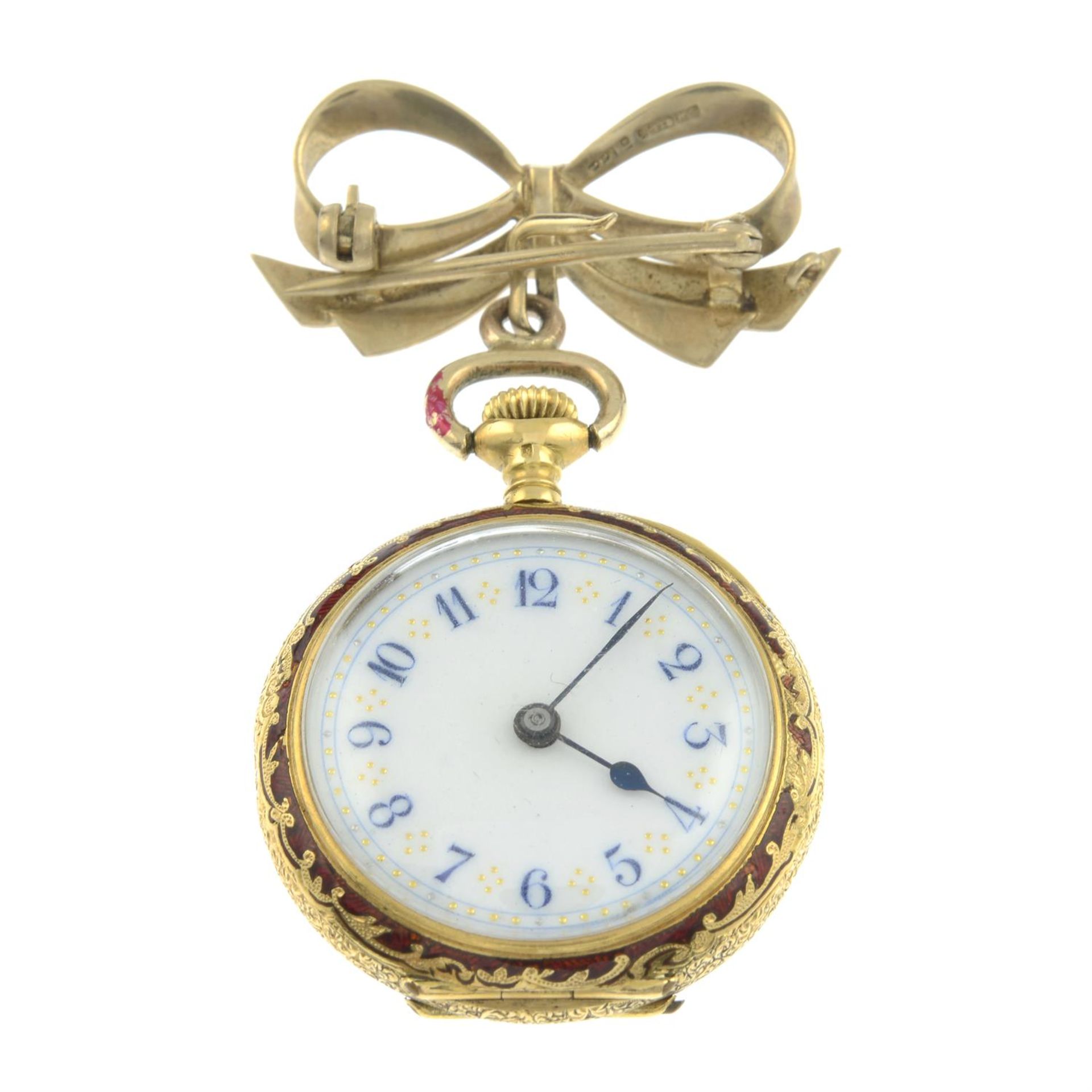 A mid 20th century 18ct gold enamel pocket watch, suspended from a 9ct gold bow brooch. - Bild 2 aus 2
