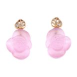A pair of carved pink chrysoberyl rose and brilliant-cut diamond earrings.