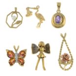 Six gem-set pendants.