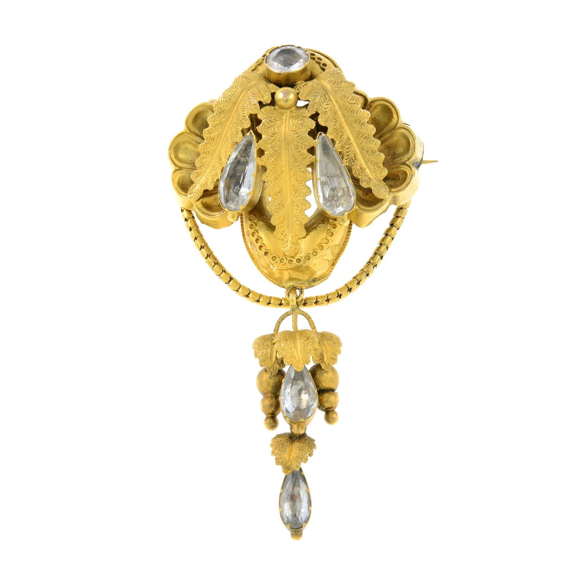 A late 19th century gold, colourless-gem foliate brooch/pendant.