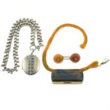 A silver necklace, a harstone brooch and a harstone matchbox