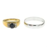An 18ct gold sapphire and diamond ring and an 18ct gold band ring,
