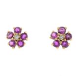 A pair of 9ct gold ruby and diamond cluster earrings.