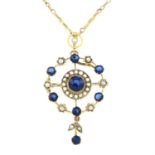 An early 20th century blue paste and split pearl pendant, suspended from an early 20th century 9ct