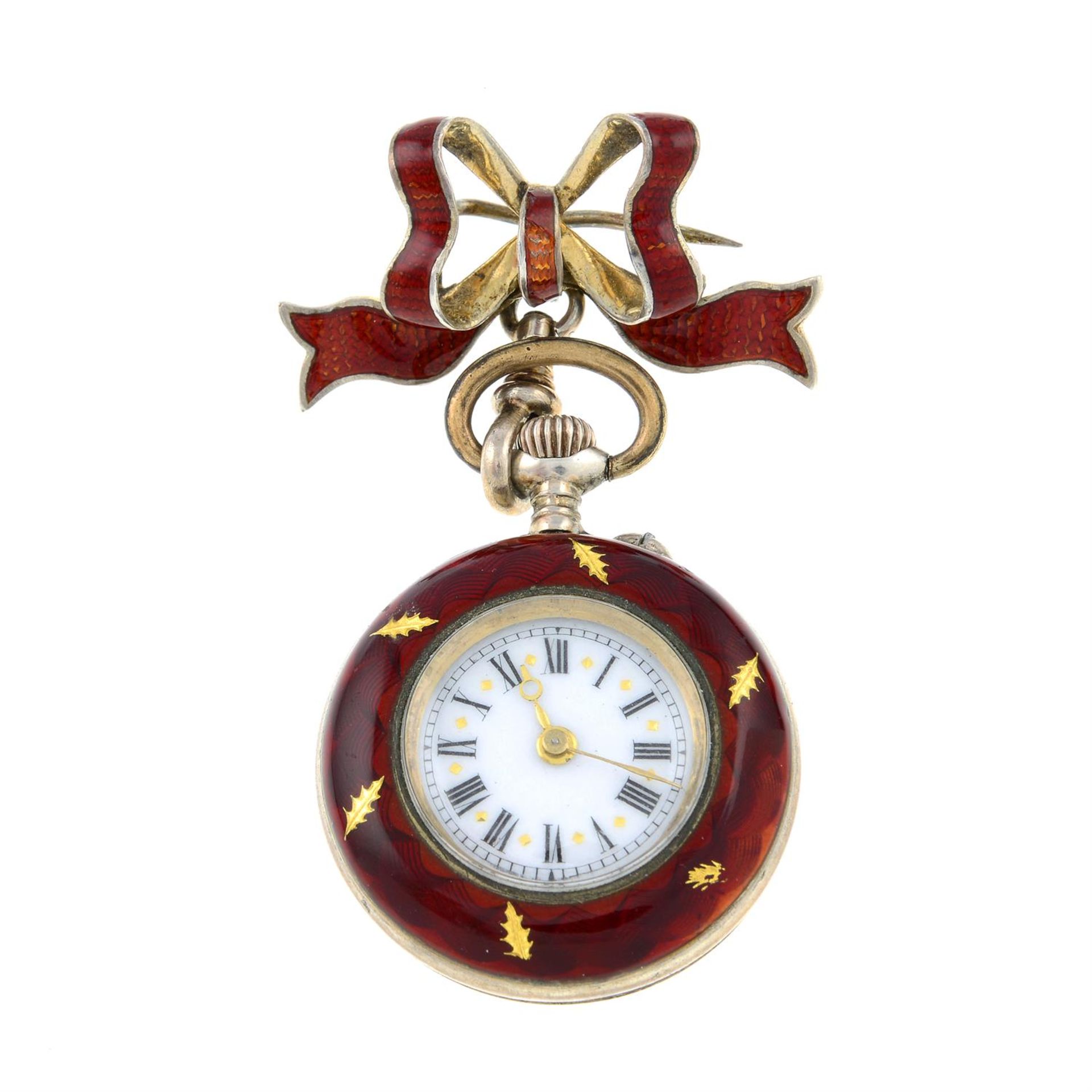 An enamel fob watch, suspended from a bow brooch surmount.