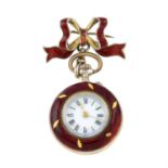 An enamel fob watch, suspended from a bow brooch surmount.