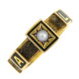 A Georgian 15ct gold, split pearl, black enamel and woven hair mourning ring.