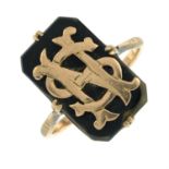 A late 19th century 9ct gold initial onyx ring.