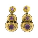 A pair of late Victorian 9ct gold amethyst drop earrings.