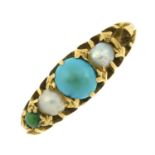 An early 20th century 18ct gold turquoise and split pearl five-stone ring. AF.