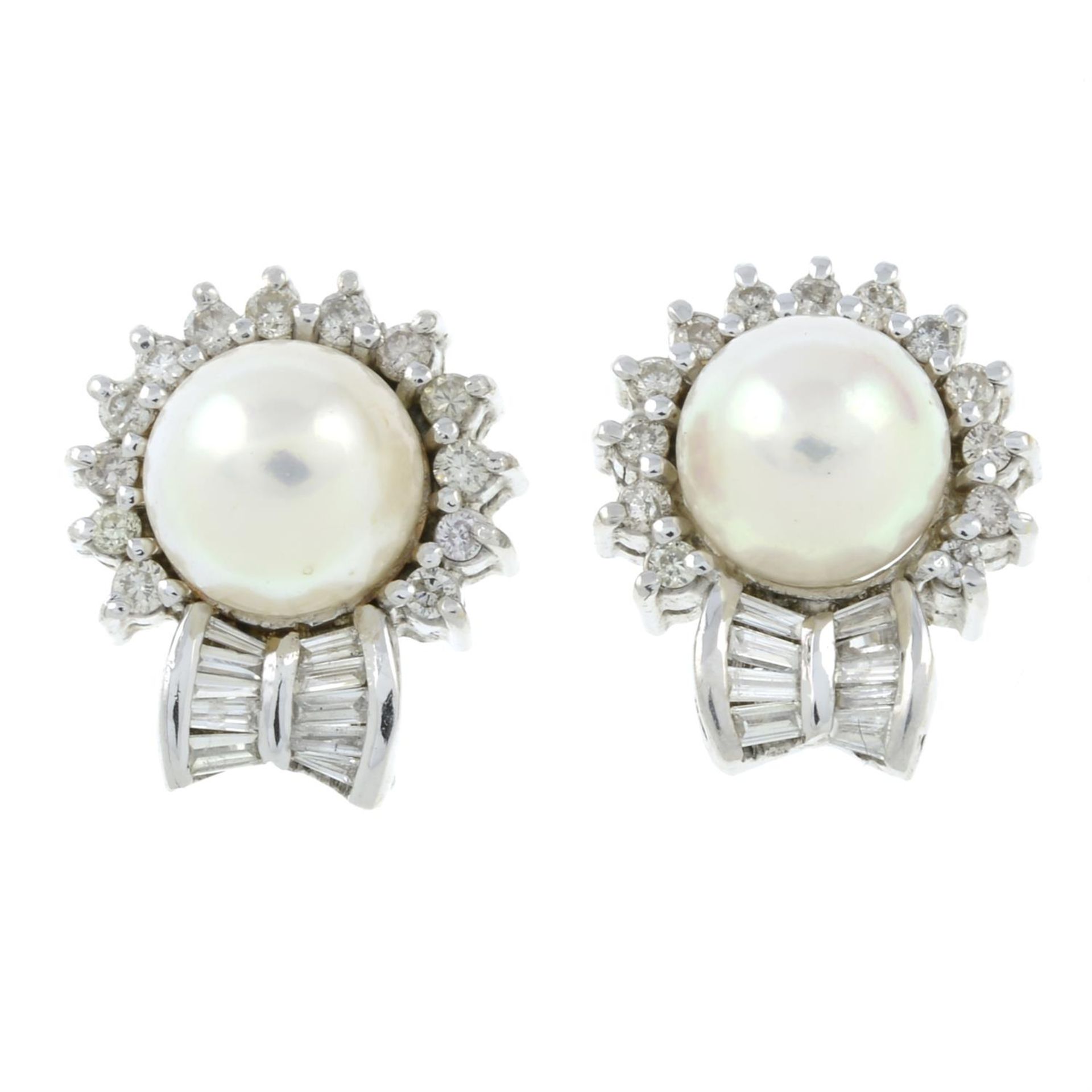 A 9ct gold cultured pearl and vari-cut diamond cluster earrings.