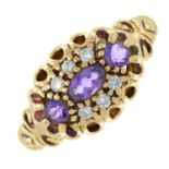 A 9ct gold amethyst and brilliant-cut diamond ring.