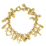 A 9ct gold charm bracelet, suspending twenty-four variously designed charms.