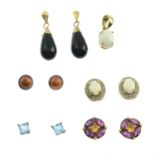 Five pairs of gem-set earrings and a pendant