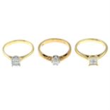 Three 9ct gold diamond rings.