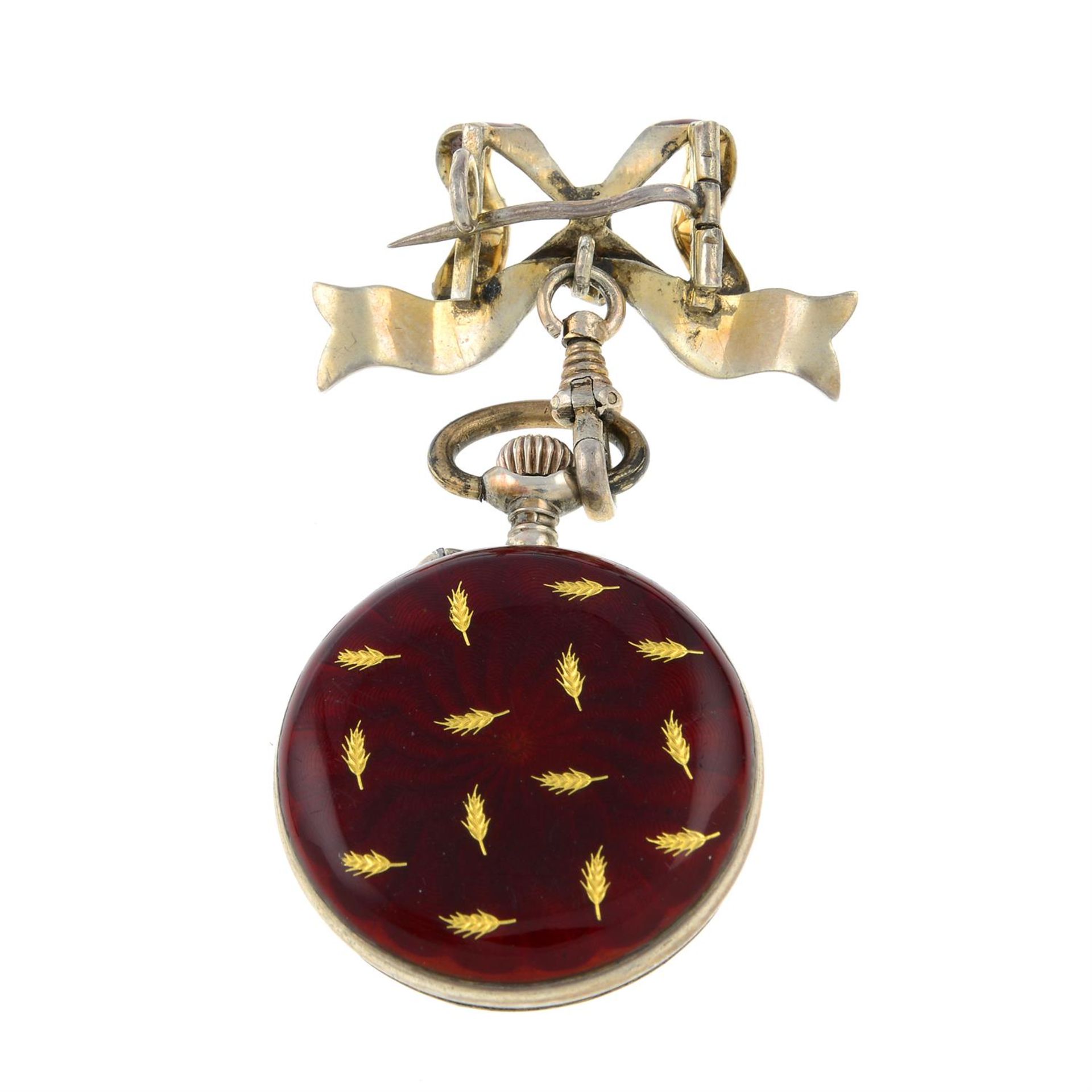 An enamel fob watch, suspended from a bow brooch surmount. - Bild 2 aus 2