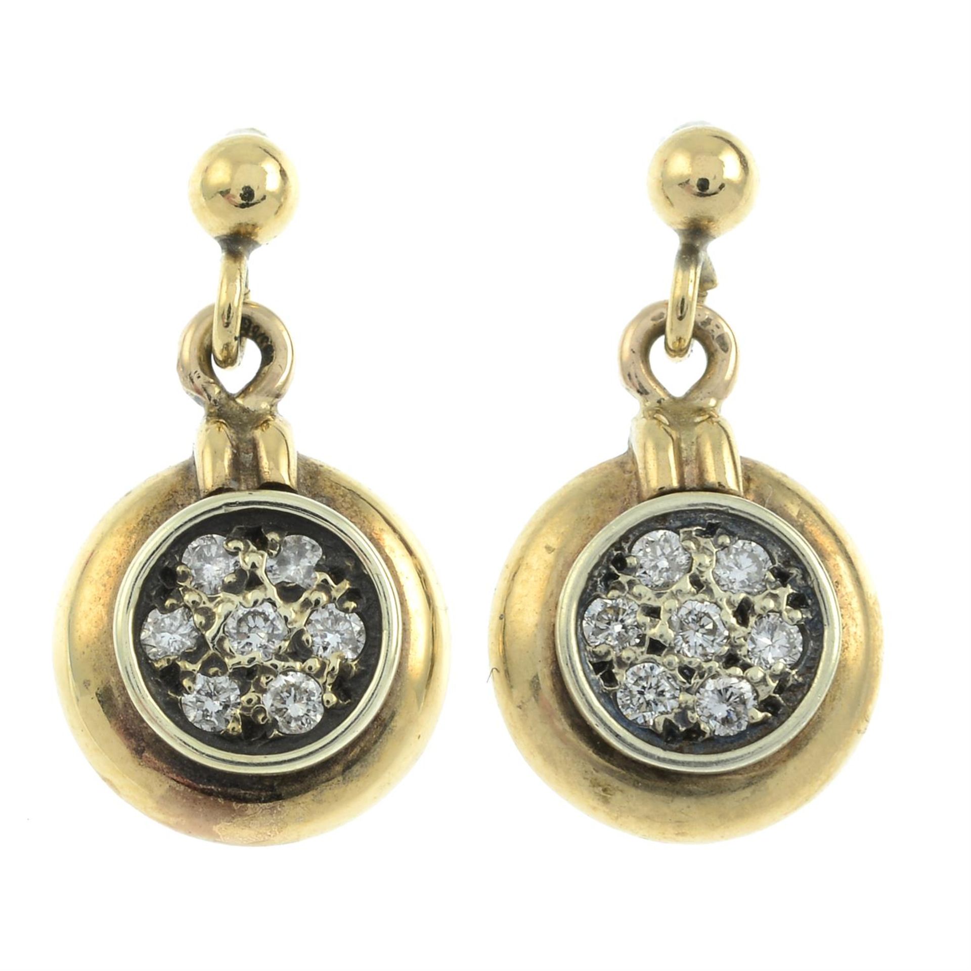 A pair of brilliant-cut diamond cluster drop earrings.
