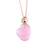 A carved pink chrysoberyl rose and brilliant-cut diamond pendant, with chain.