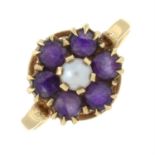 A 9ct gold amethyst and split pearl cluster ring,