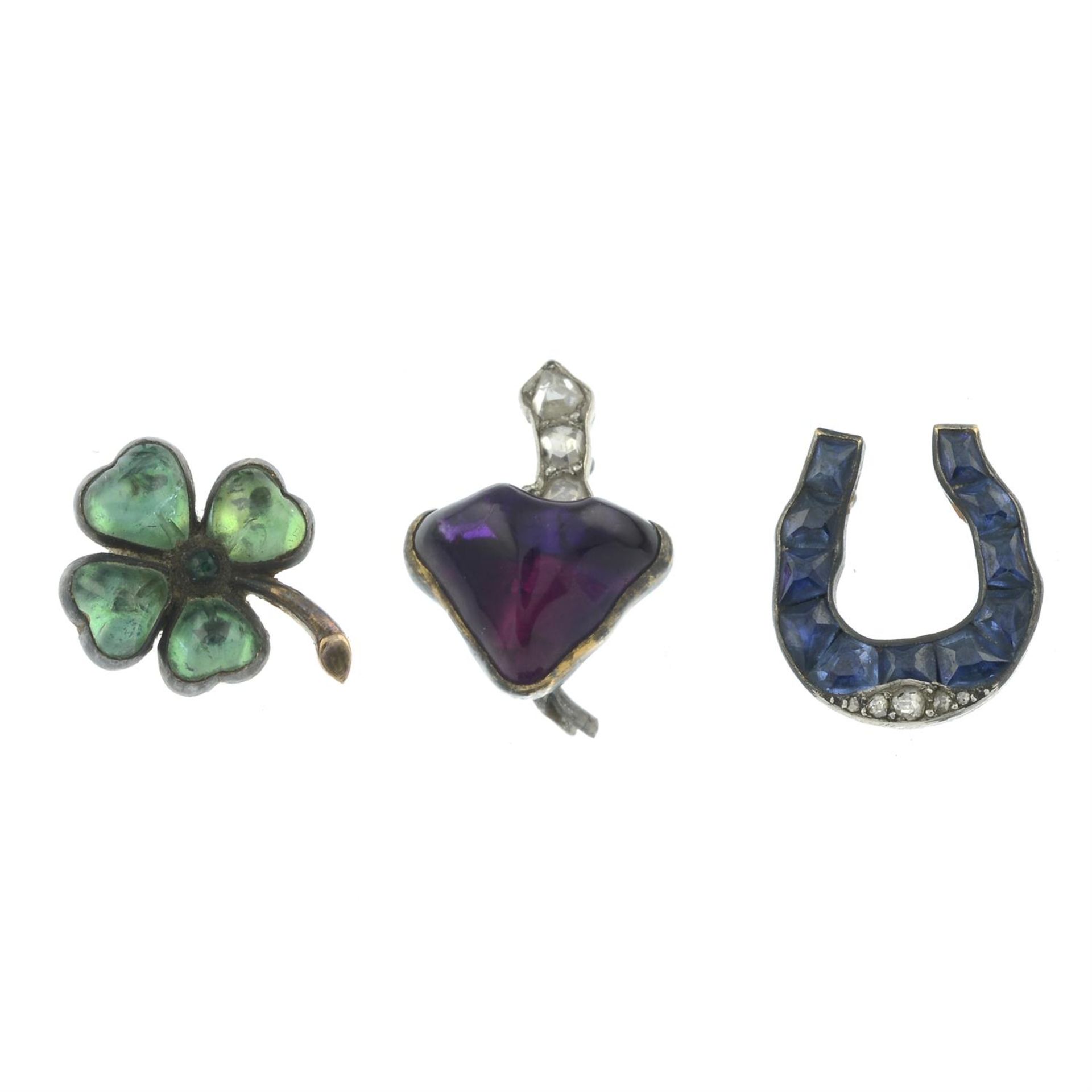 Three late 19th century diamond and foil-backed gem-set 'lucky charm' jewellery components.