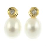 A pair of 18ct gold cultured pearl and brilliant-cut diamond earrings.