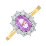 An 18ct gold pink sapphire and brilliant-cut diamond cluster ring.
