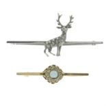 A mid 20th century rose-cut diamond stag brooch and an early 20th century opal and old-cut diamond