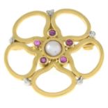 An 18ct gold ruby, split pearl and diamond pendant,