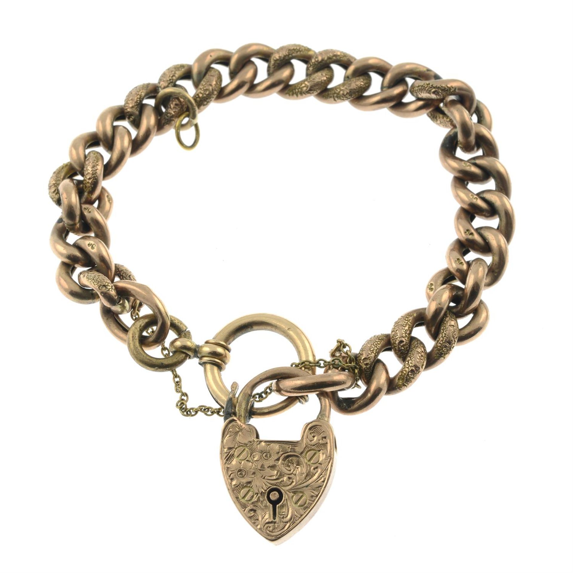 A late 19th century charm bracelet, suspending a heart-shape padlock charm.