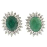 A pair of emerald and single-cut diamond cluster earrings.