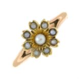 An early 20th century 9ct gold split pearl floral cluster ring.