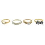 Four 9ct gold gem-set rings.