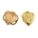 A cameo and cubic zirconia ring and 9ct gold heart-shape locket.