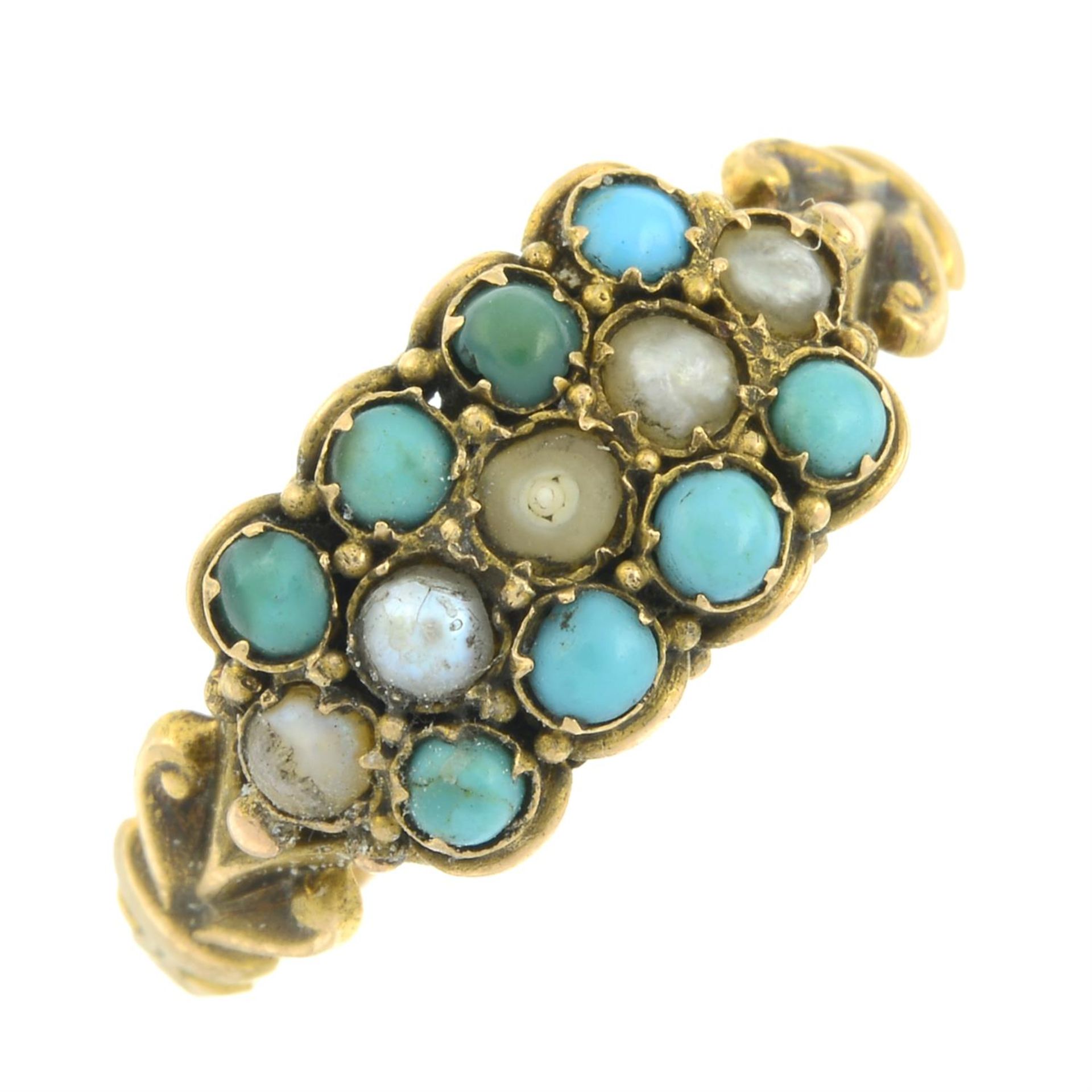 A mid Victorian 15ct gold turquoise and split pearl ring.