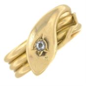 An early 20th century 18ct gold old-cut diamond coiled snake ring.