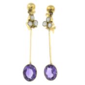 A pair of early 20th century 9ct gold amethyst and split pearl earrings.