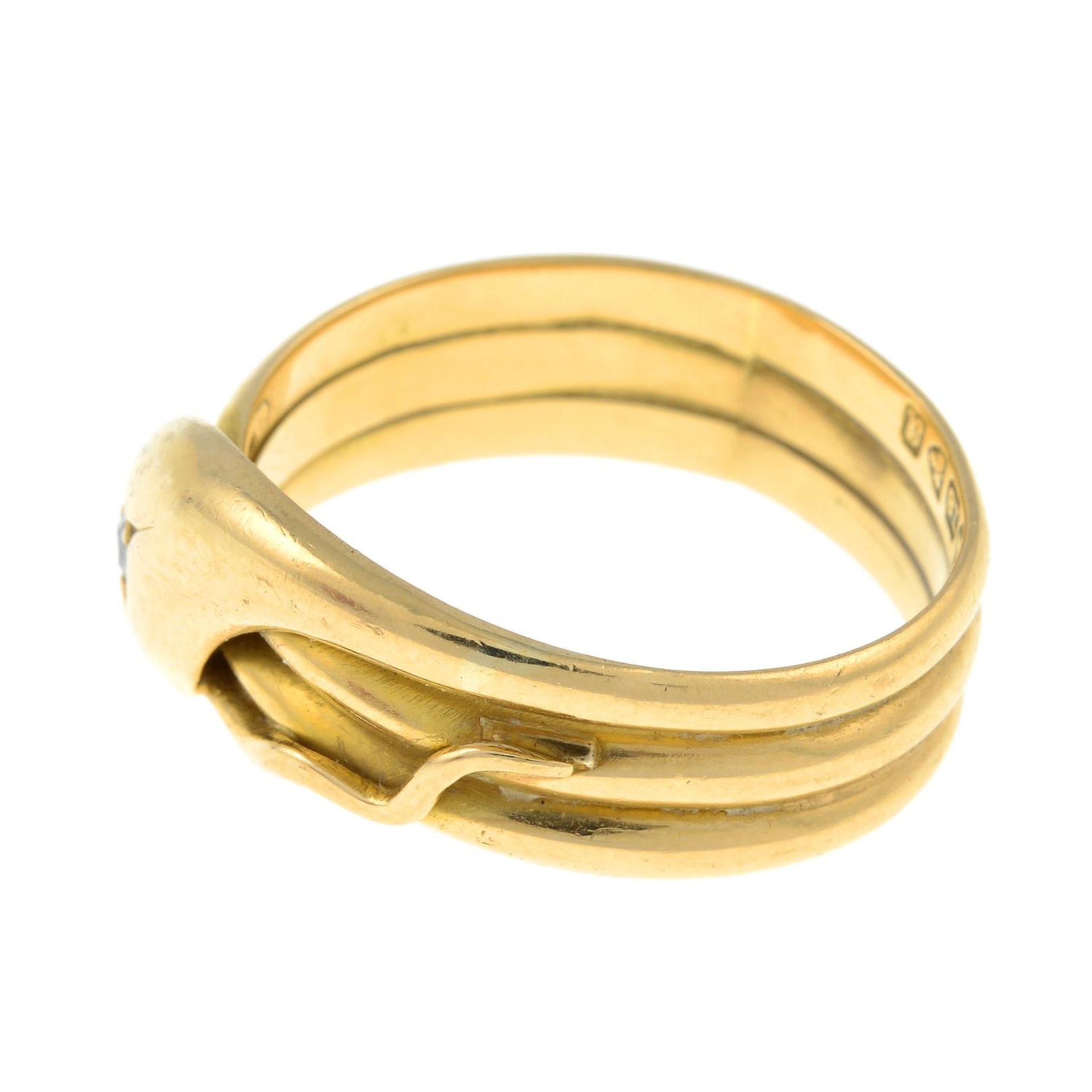 An early 20th century 18ct gold old-cut diamond coiled snake ring. - Image 2 of 3