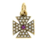 A late 19th century gold split pearl and ruby Maltese cross pendant/ charm.
