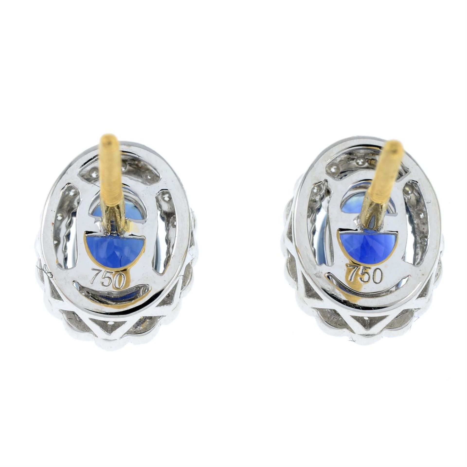A pair of 18ct gold sapphire and diamond cluster earrings. - Image 2 of 3