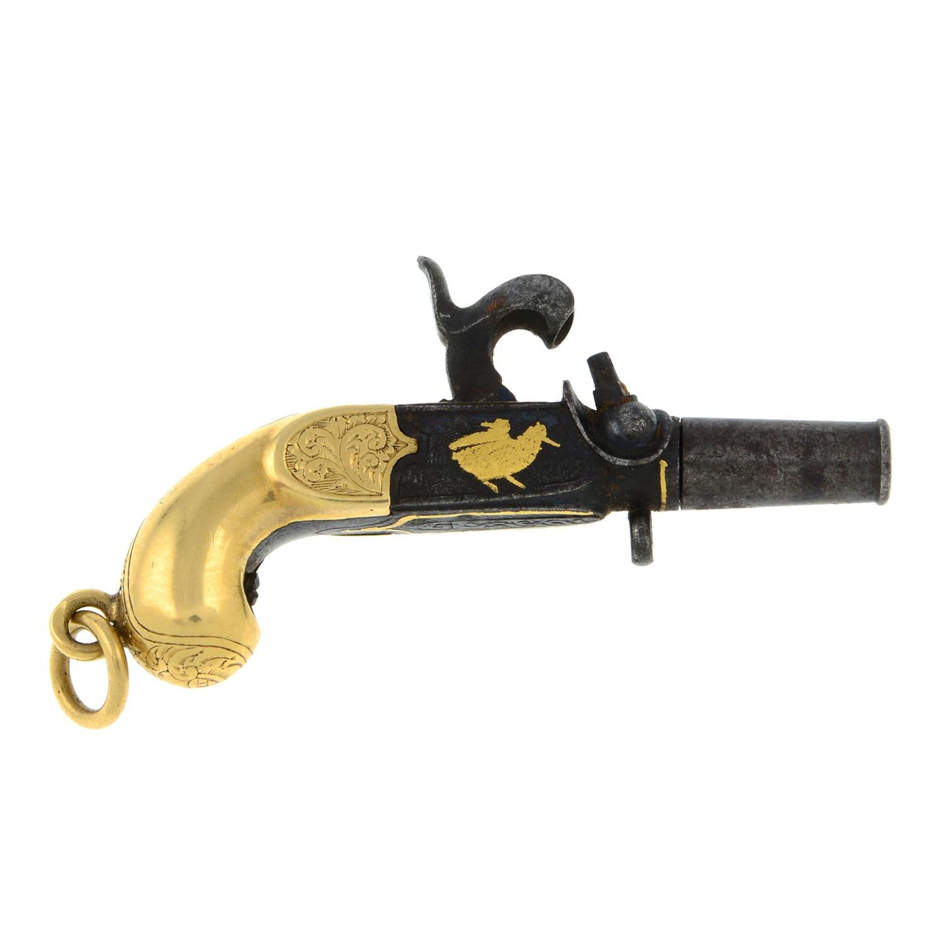 A 19th century 18ct gold and iron, box-lock pistol charm.