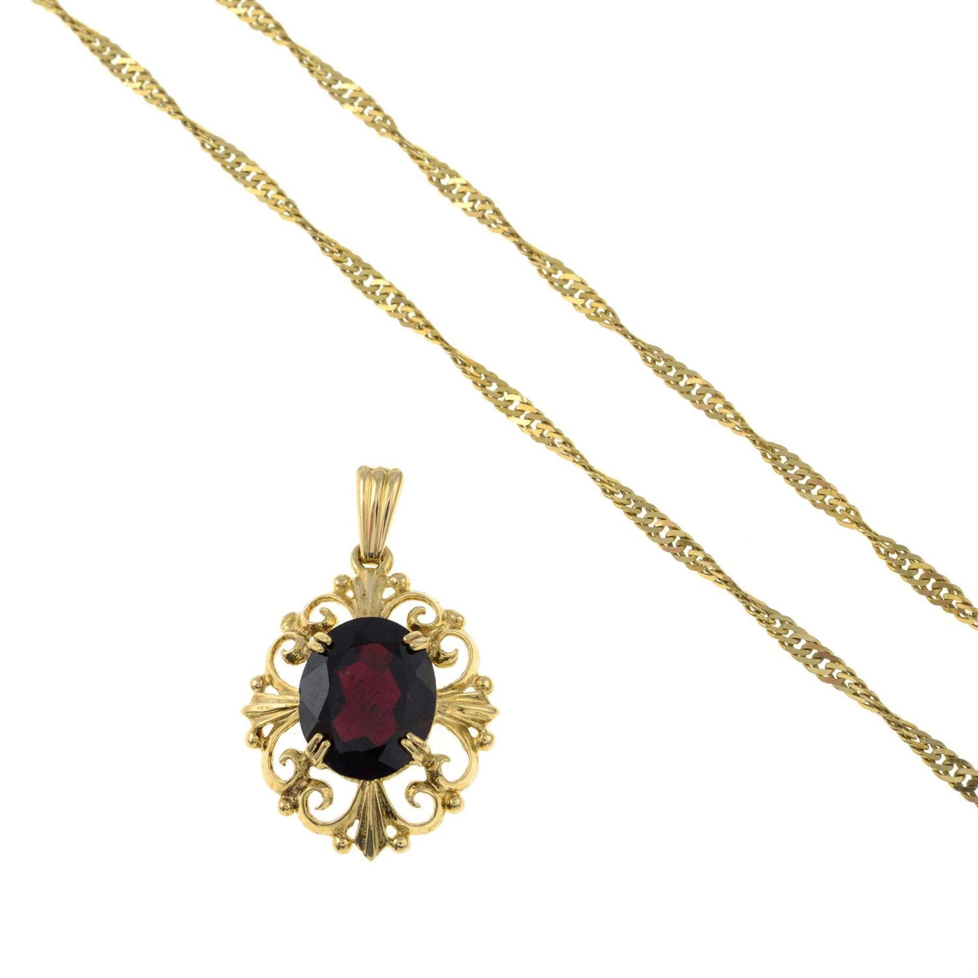 A 9ct gold garnet pendant, with a 9ct gold chain.