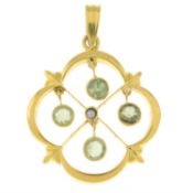 An early 20th century 9ct gold chrysoberyl and split pearl pendant.