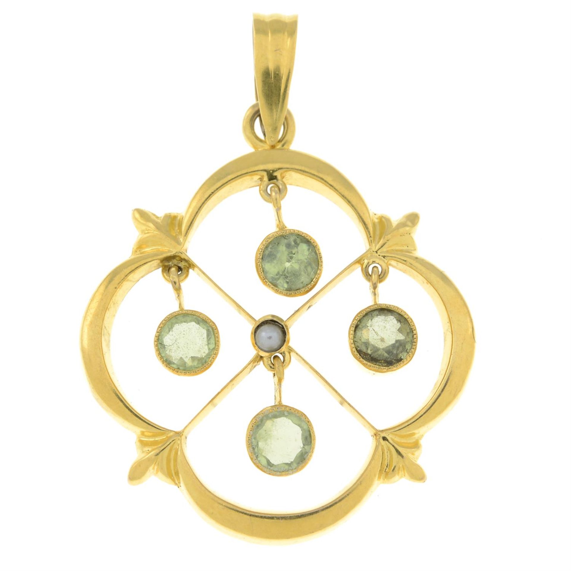 An early 20th century 9ct gold chrysoberyl and split pearl pendant.