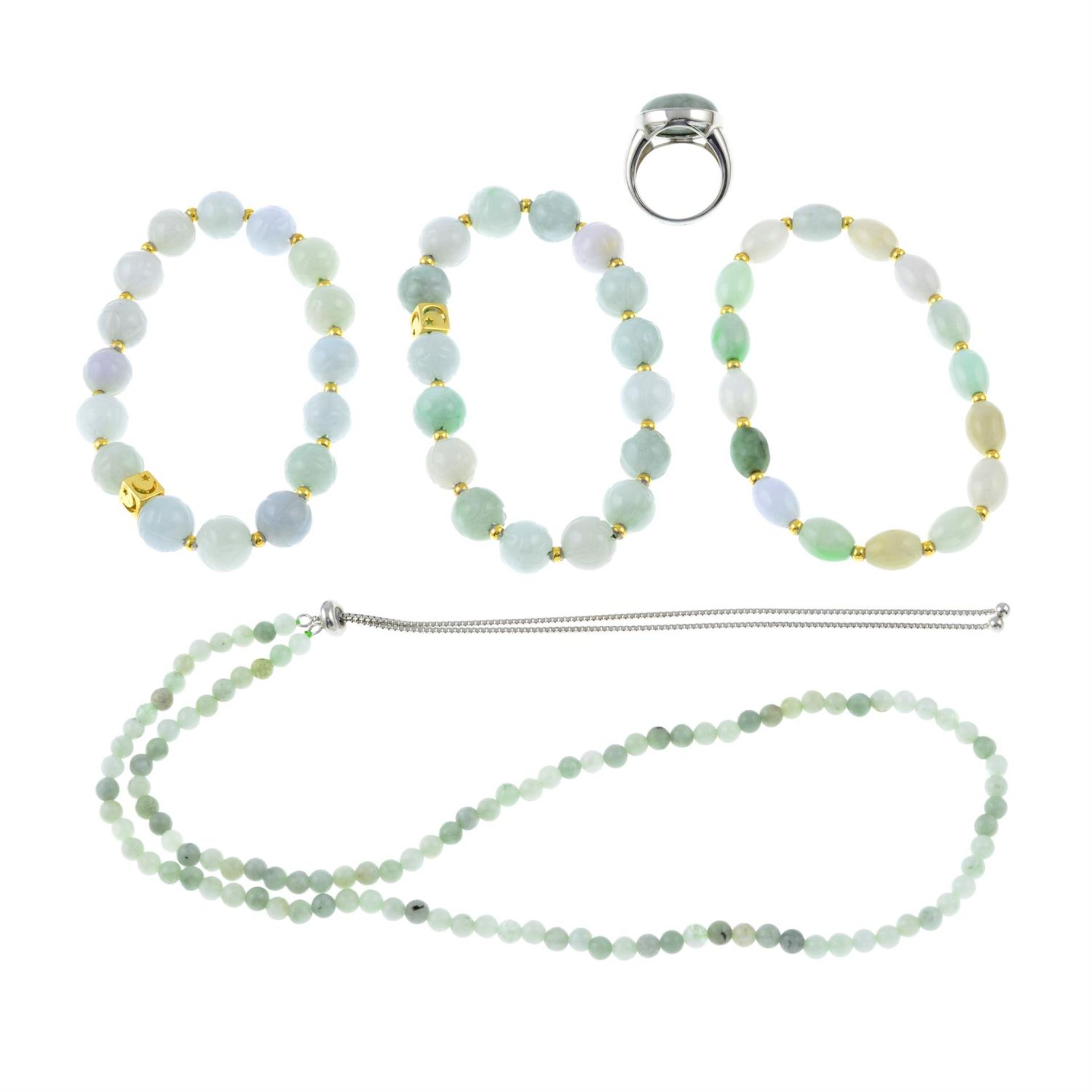 Three bracelets, one pendant, one necklace and one ring (jadeite and silver) - Image 2 of 2