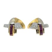 A pair of 1940s platinum and gold Burmese ruby, citrine and pavé-set diamond scroll earrings.
