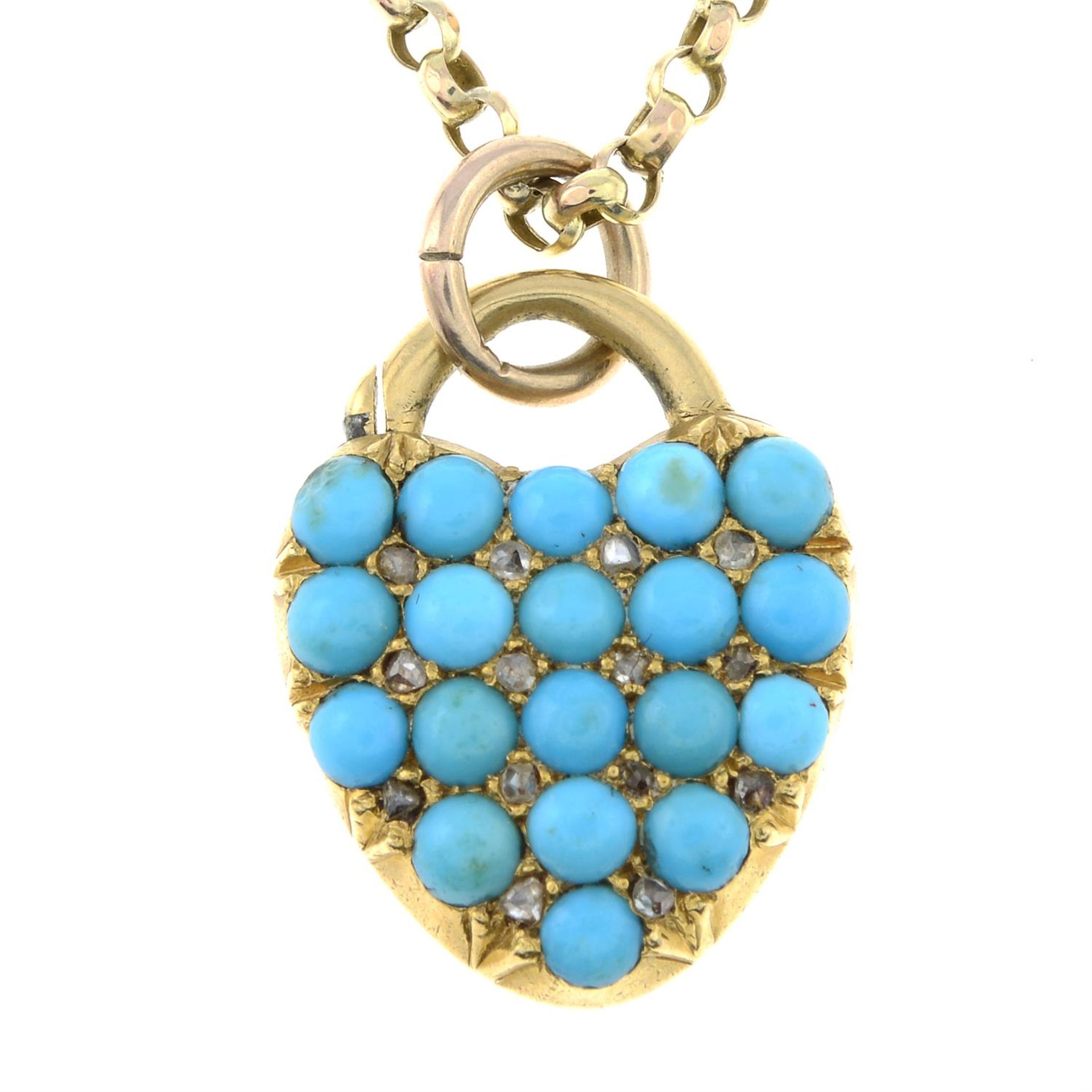A late Victorian 15ct gold turquoise and rose-cut diamond heart-shape lock pendant,