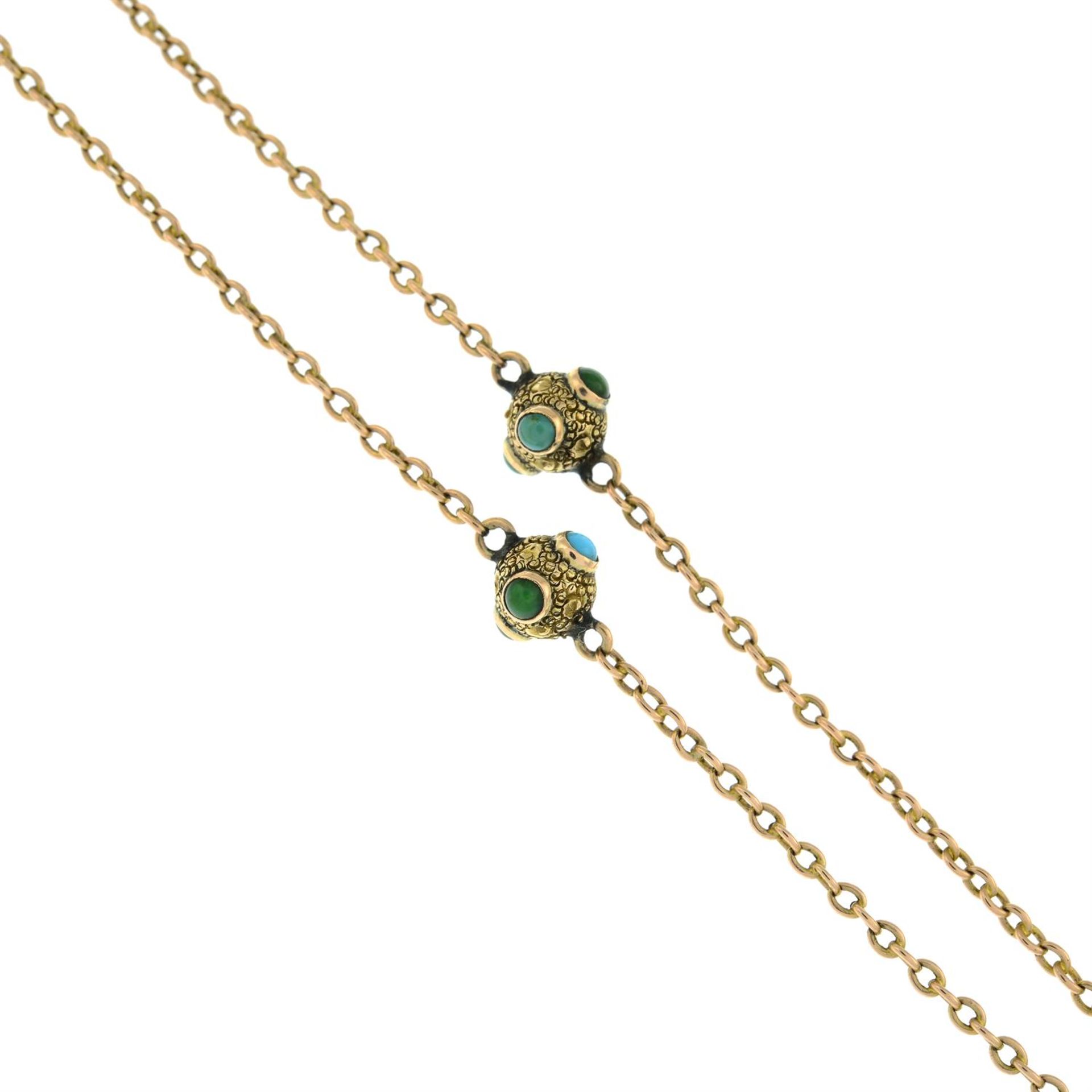 An early 20th century 9ct gold longuard chain, with turquoise textured bead spacers and spring ring - Image 2 of 2