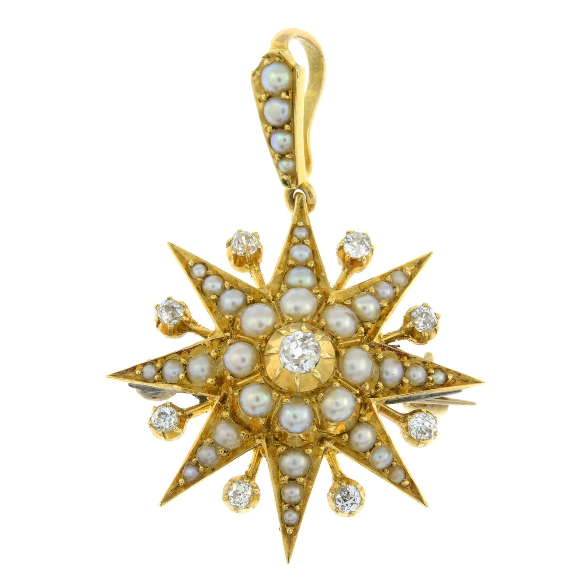 An early 20th century 15ct gold old-cut diamond and split pearl pendant/brooch.