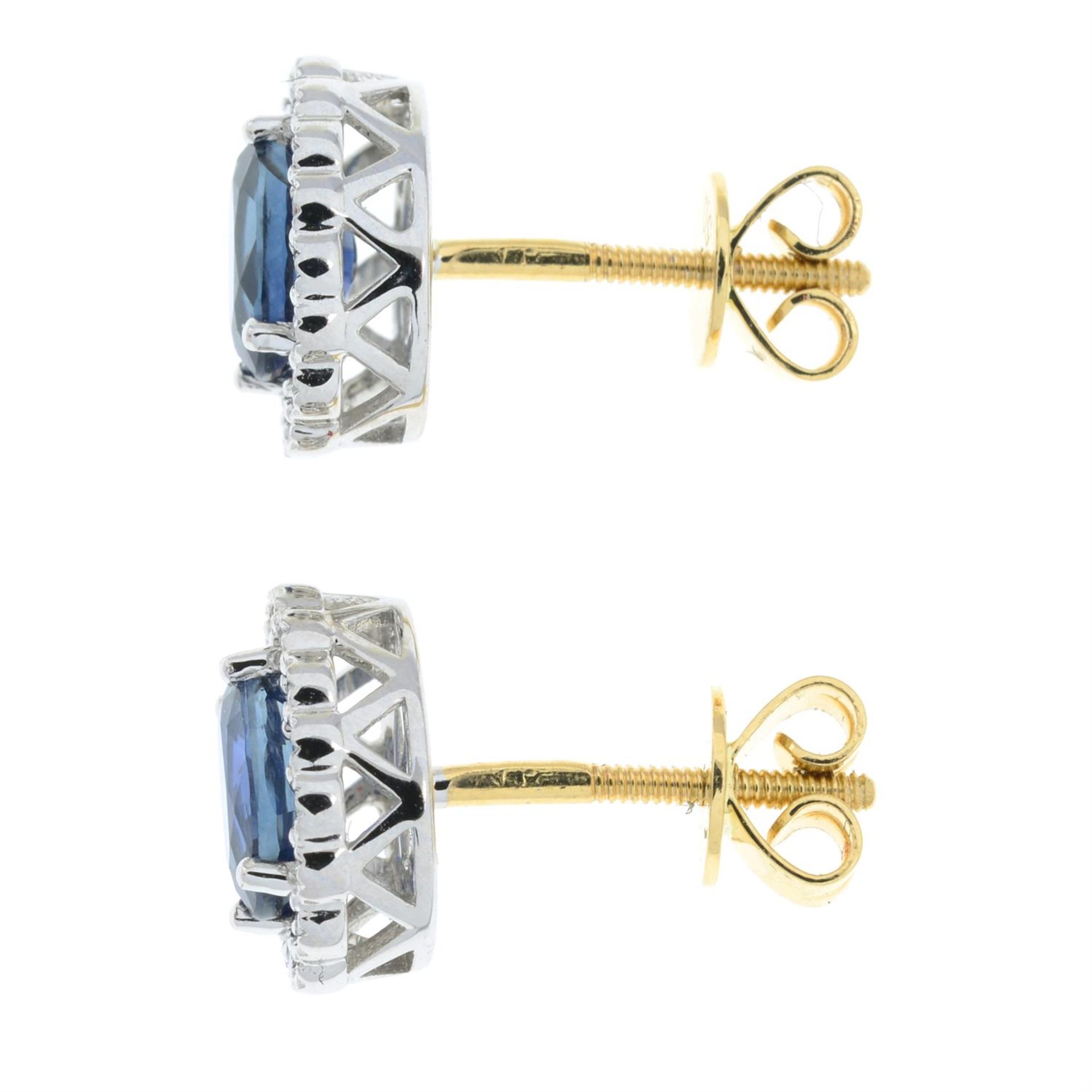 A pair of 18ct gold sapphire and diamond cluster earrings. - Image 3 of 3